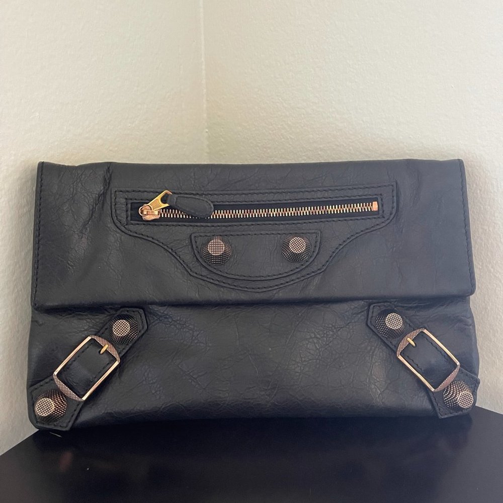 BALENCIAGA Rose Gold Envelope Clutch in Black